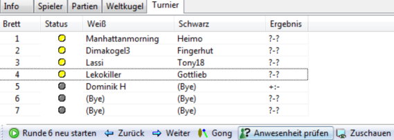 Karteireiter "Turnier" mit Rundenstatistik und Funktionsschaltern