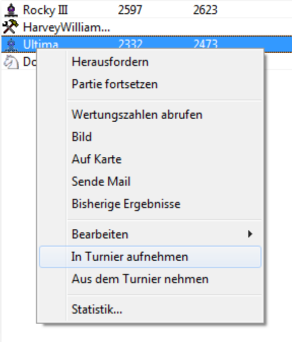 Turnierfunktionen im Kontextmenü des Spiele-Karteireiters