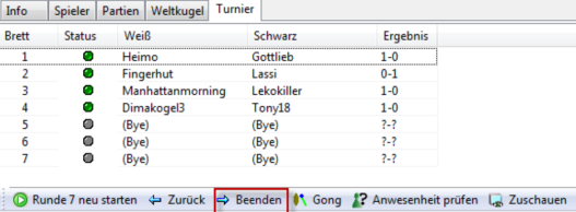 Beenden des Turniers (Schalter ,,Beenden")